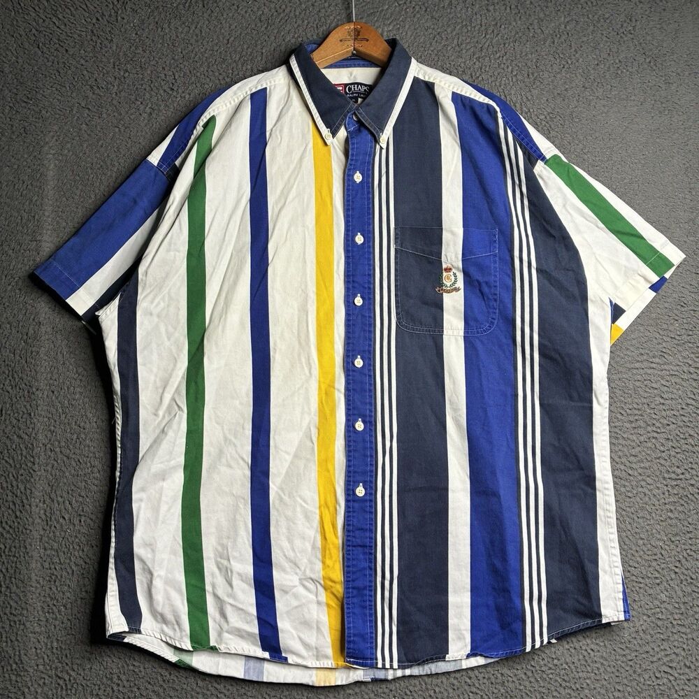 VTG Chaps Ralph Lauren Shirt Mens XL Multicolor Striped Button Up Crest 90s Dad